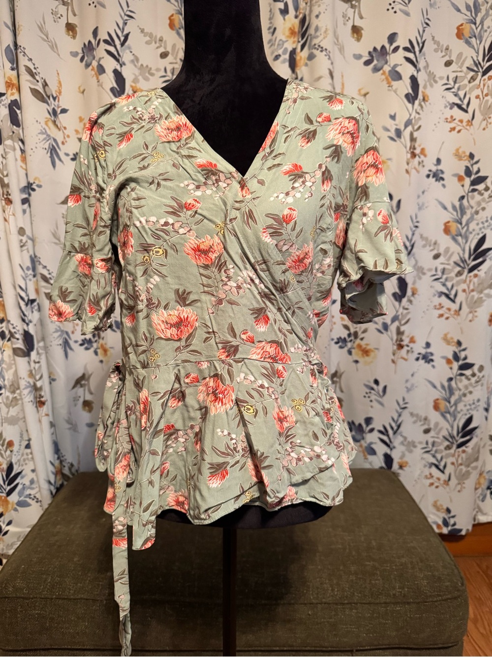 LOFT Sage Green Floral Wrap Peplum Top